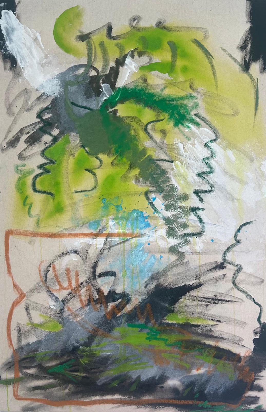 Abstract painting in greens and greys on raw canvas