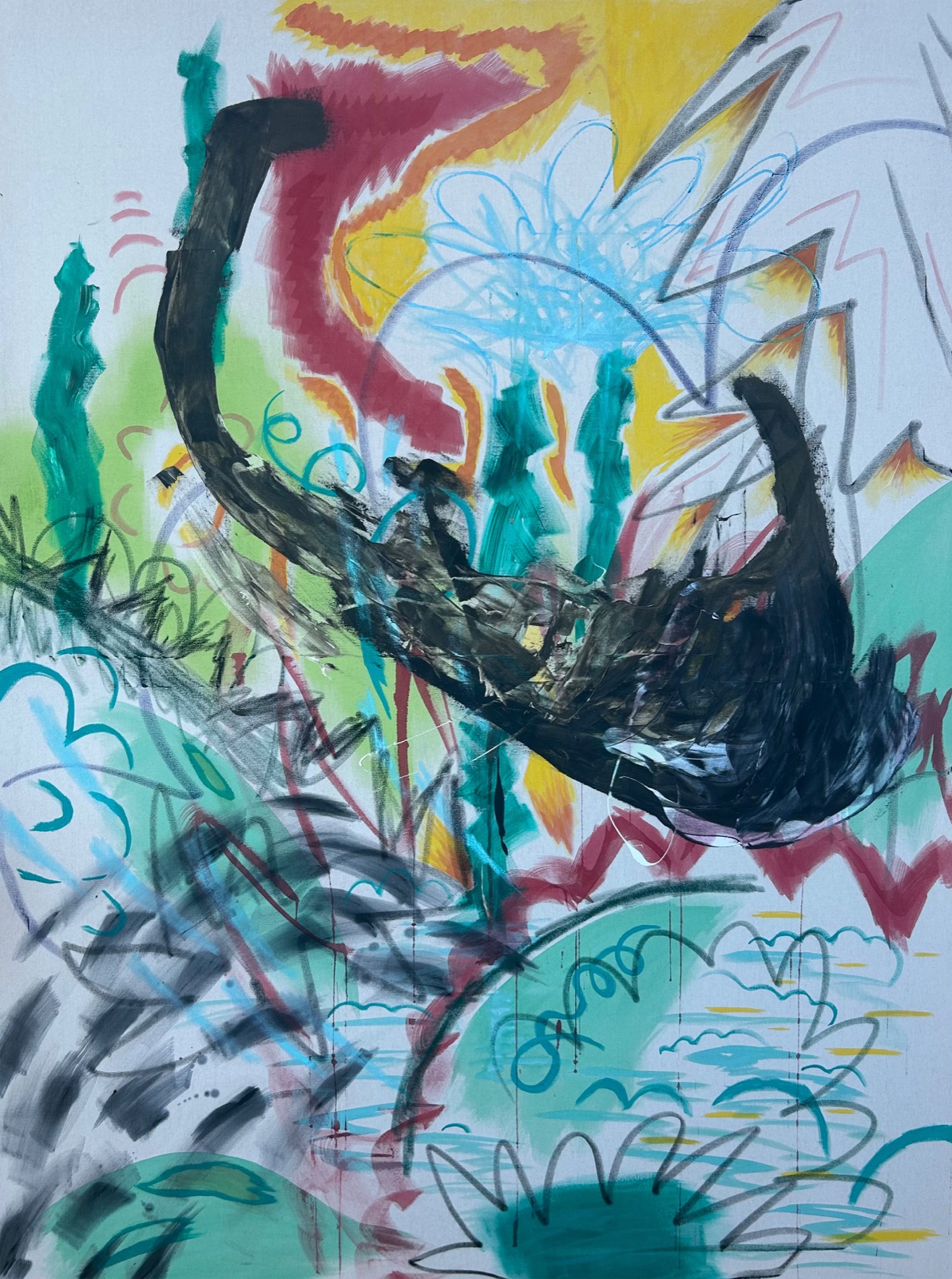 Colourful abstract painting with black brushstrokes