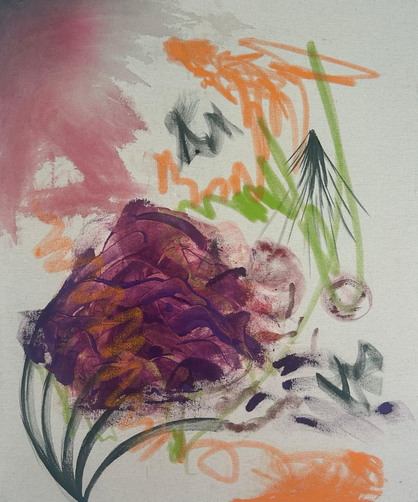 Abstract painting in pinks, purples and orange